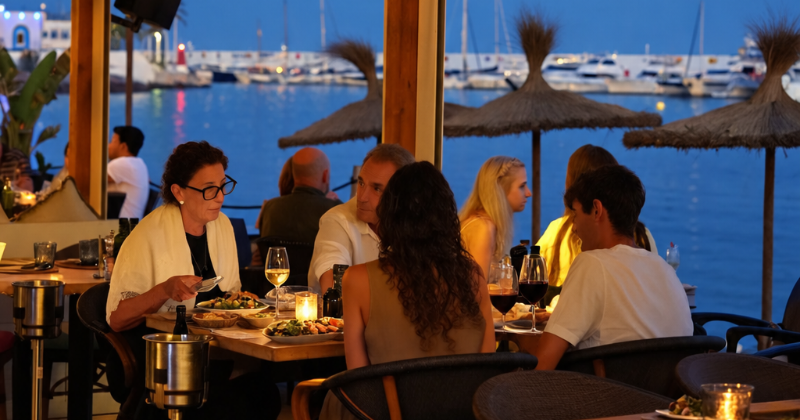 Familia cenando en Bocana con el puerto de Marbella al fondo